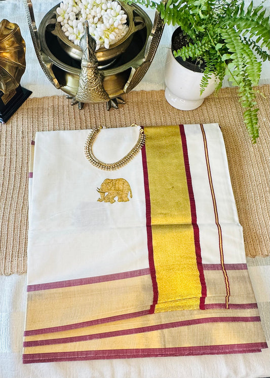 Handwoven Kerala Kasavu Saree – Elegant Saree with Red & Golden Border