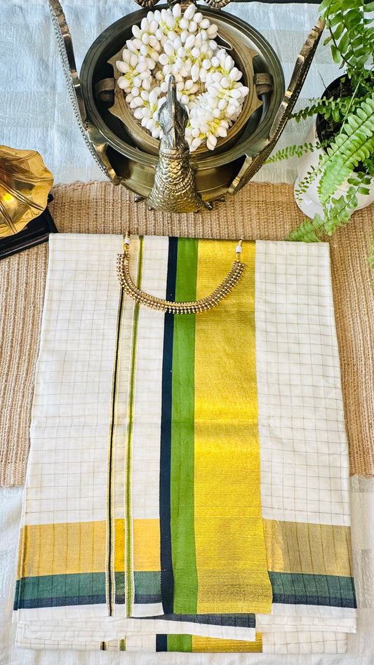 Kerala Kasavu Saree – Handloom Saree in Green and Gold Border